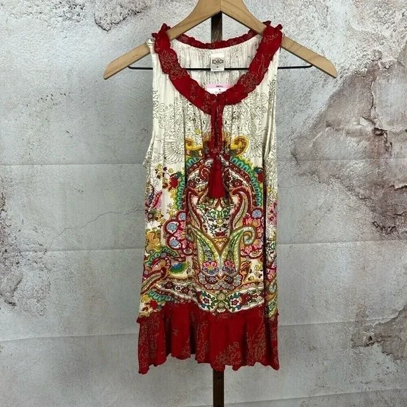 NWT BILA boho ruffled hem tank top size S hippie paisley tassel tie folk shirt ! - Picture 2 of 6
